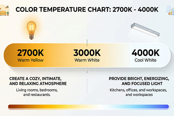 A color temperature chart showing the range from warm yellow 2700K to cool white 4000K.